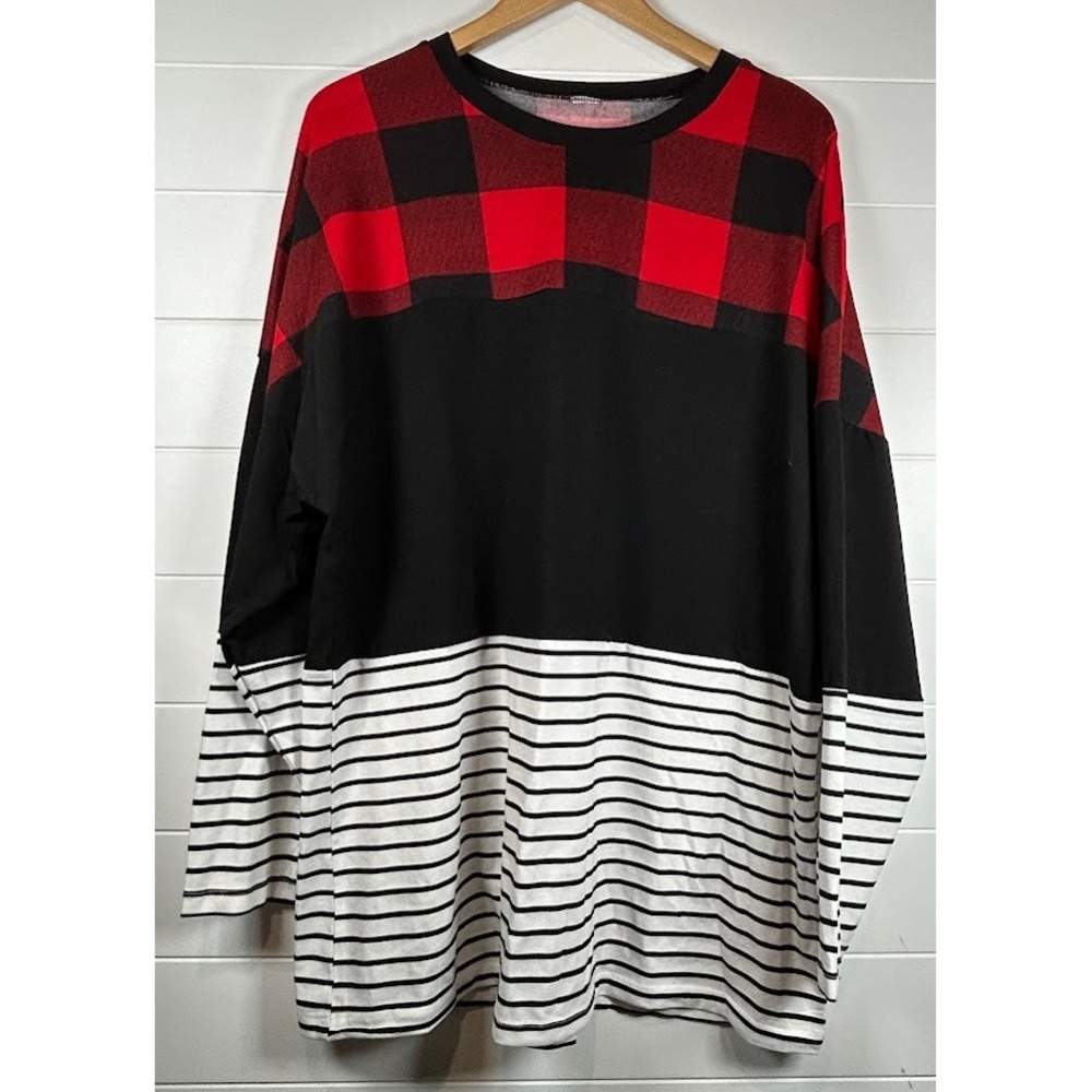 Buffalo Plaid Striped Long Sleeve Top Oversized Tunic‎ Blouse Womens 3XL